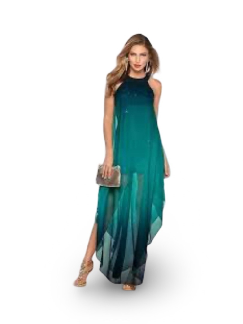 VENUS Teal Ombre Glitter Sparkle Sheer Overlay High-Low Maxi Dress XS